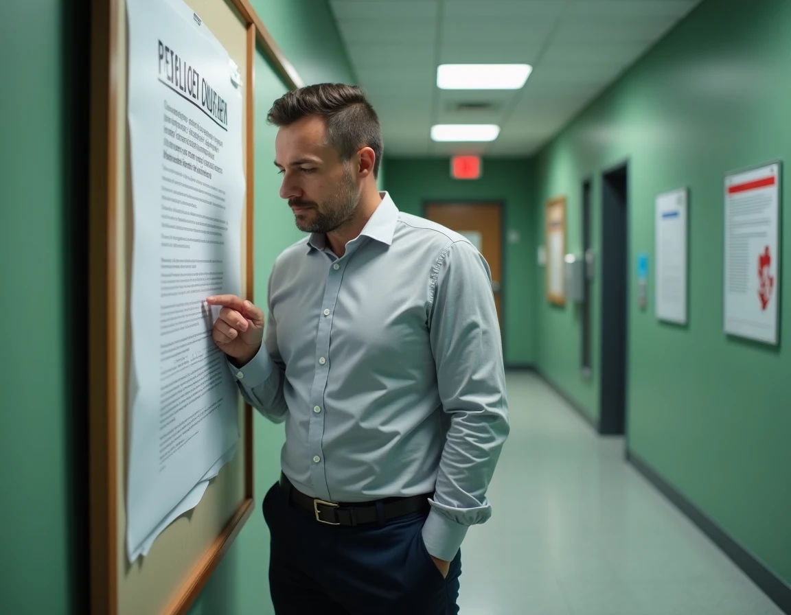 Agent de la fonction publique lisant un affichage de grille indiciaire dans un couloir administratif
