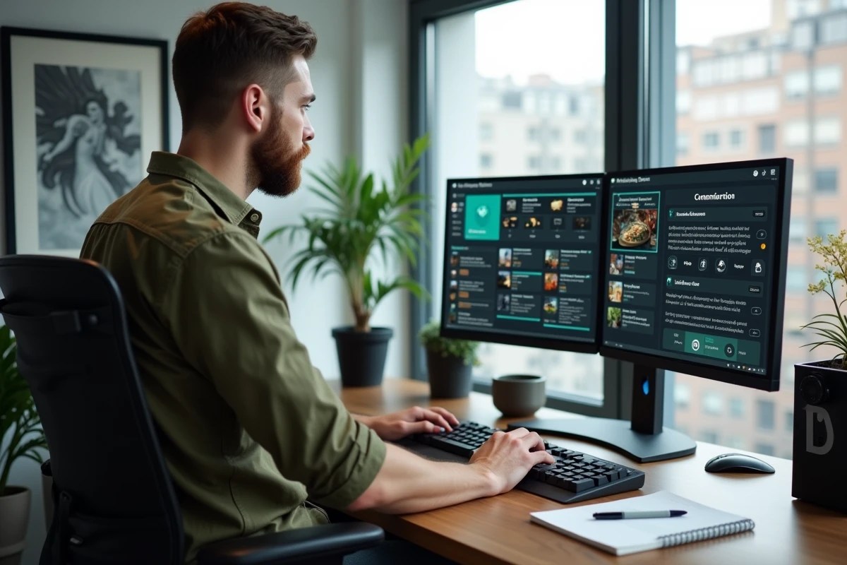 Homme analysant le marché et les métiers rentables dans Dofus Retro sur un double écran en télétravail