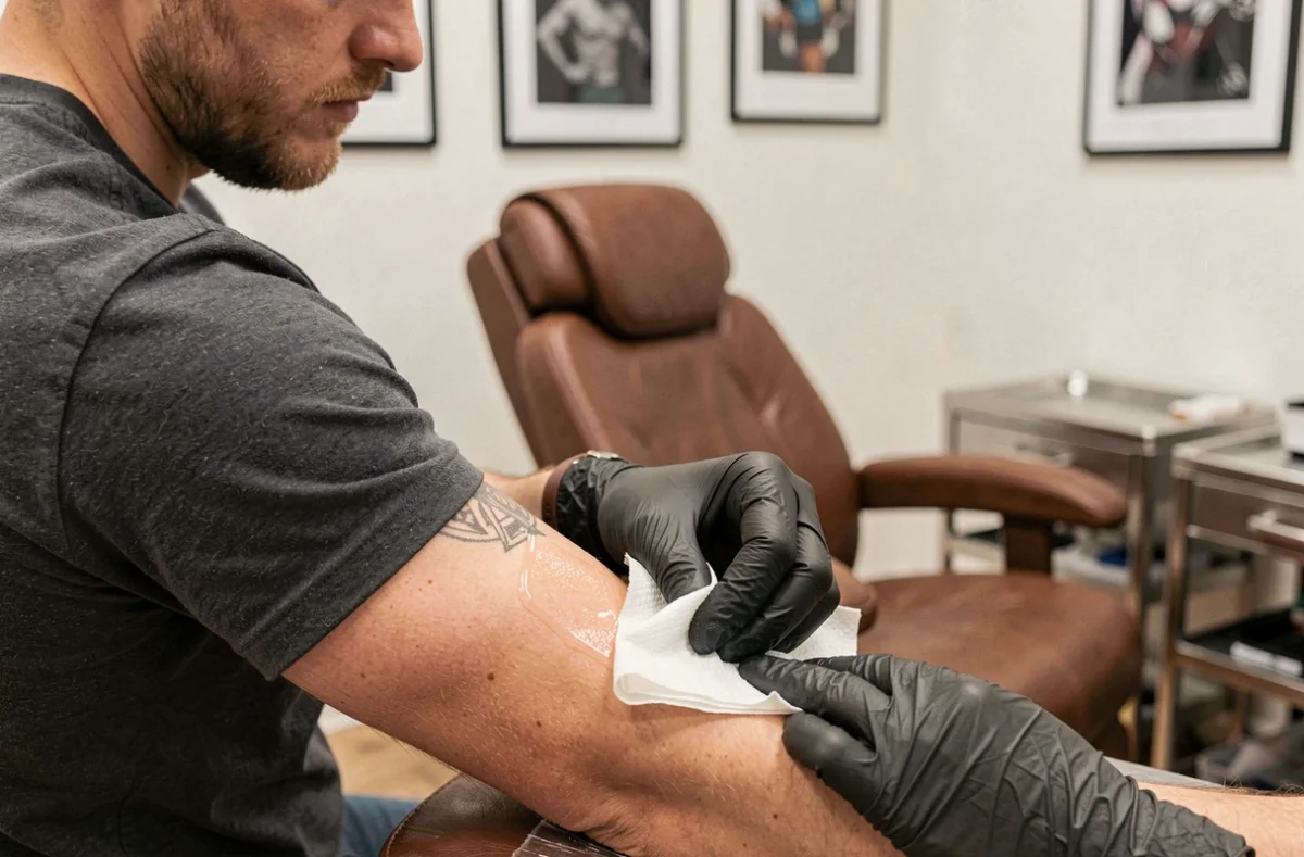 Apprenti tatoueur portant des gants noirs retirant un stencil de tatouage sur le bras d'un client dans un studio professionnel