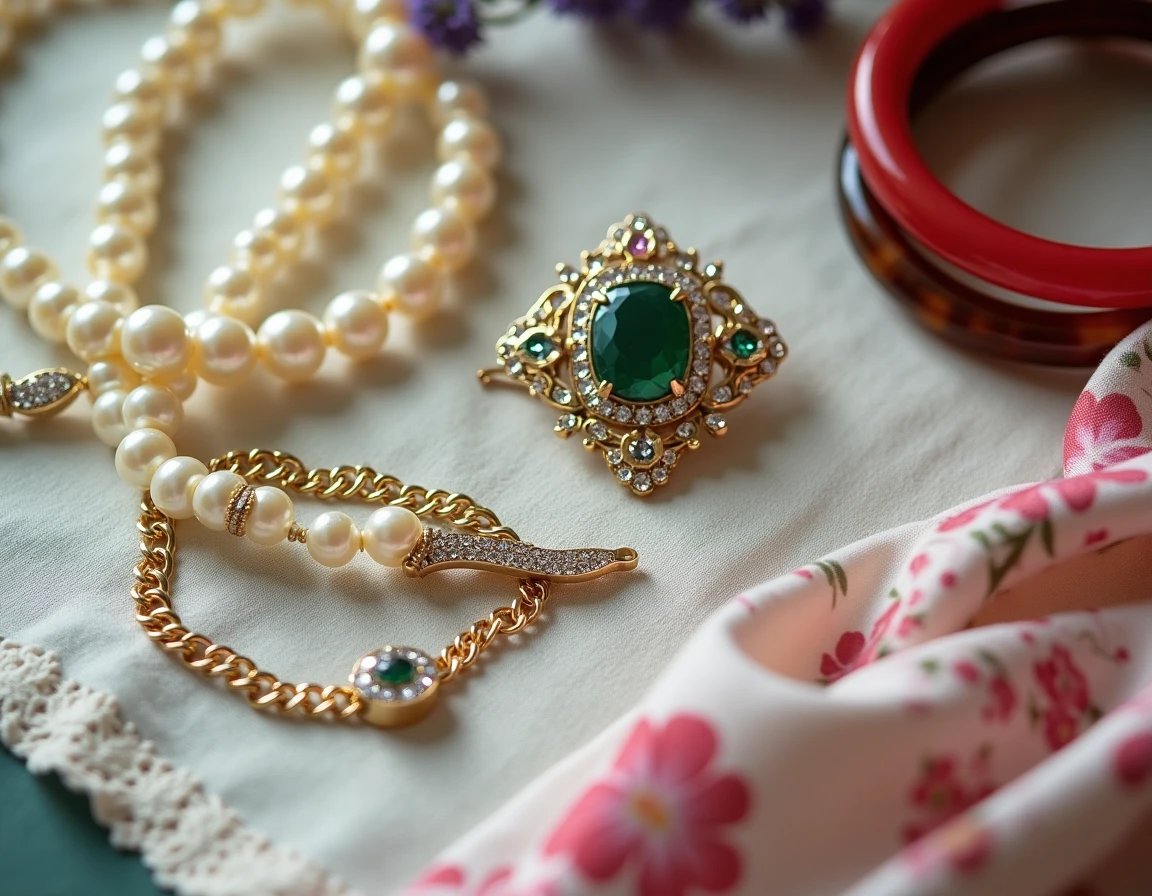 Plat lay de bijoux rétro pour tenue guinguette : collier de perles, broche Art Déco, bracelets bakélite et clips à strass sur lin vintage