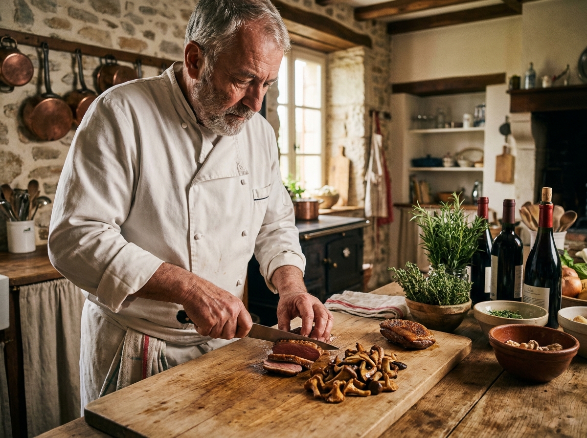 Chef français préparant canard et champignons dans cuisine