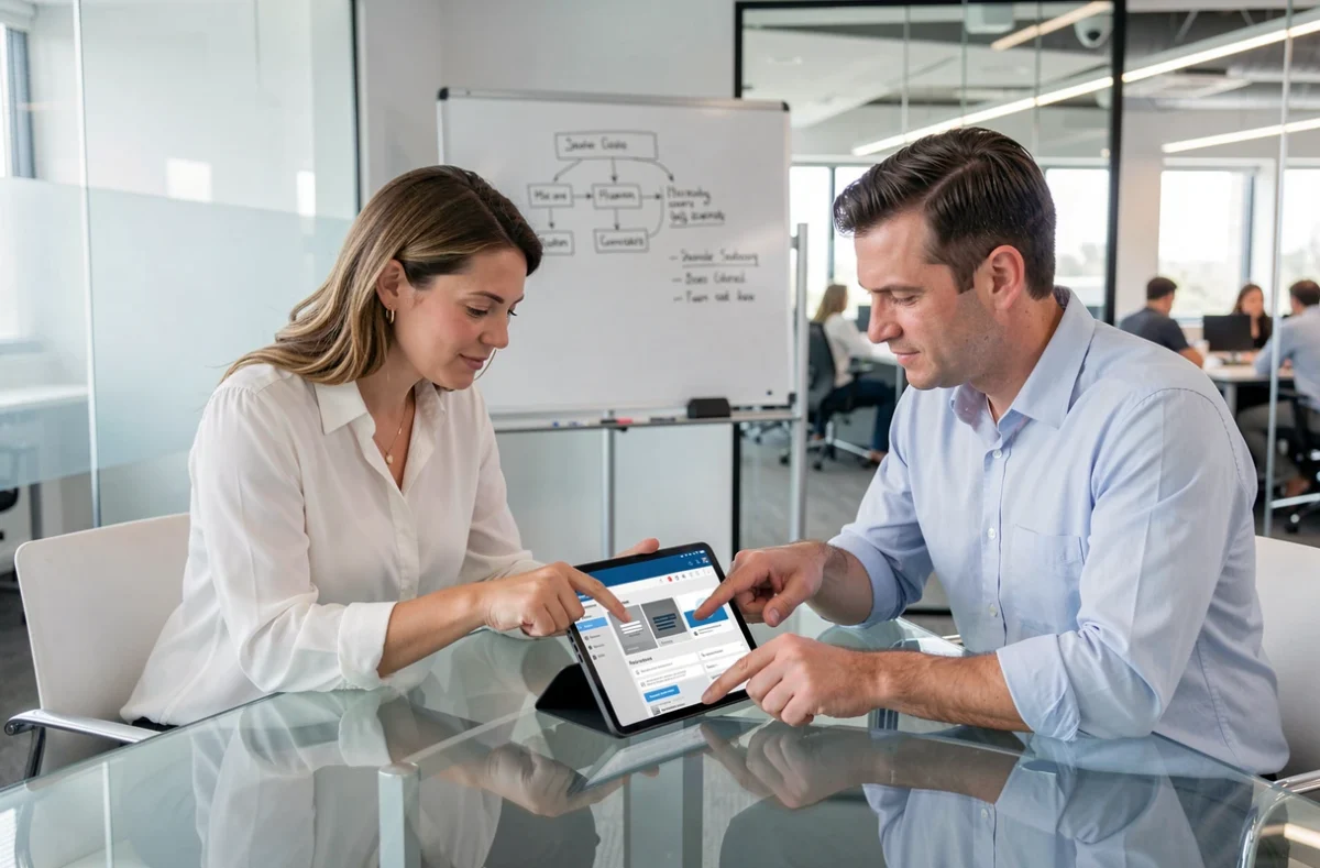 Deux collègues collaborant autour d'une tablette affichant le sitemap d'un site de conseil en salle de réunion vitrée