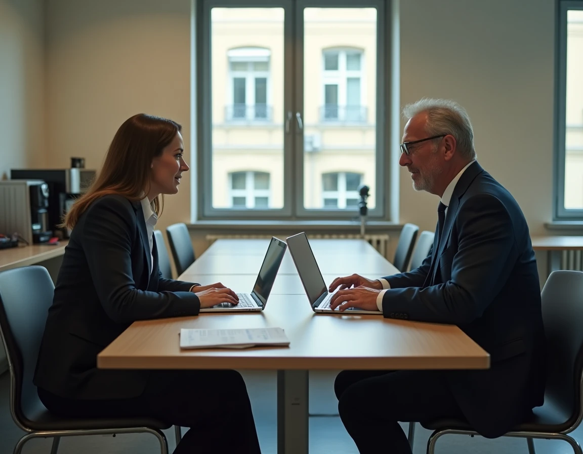 Deux fonctionnaires comparant les salaires de la catégorie C sur un ordinateur portable en salle de pause