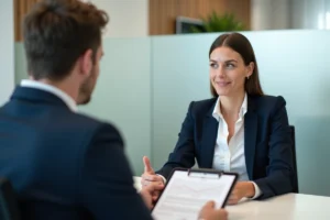 Conseillère bancaire Crédit Mutuel 35 accompagnant une cliente dans la découverte de services bancaires innovants en agence