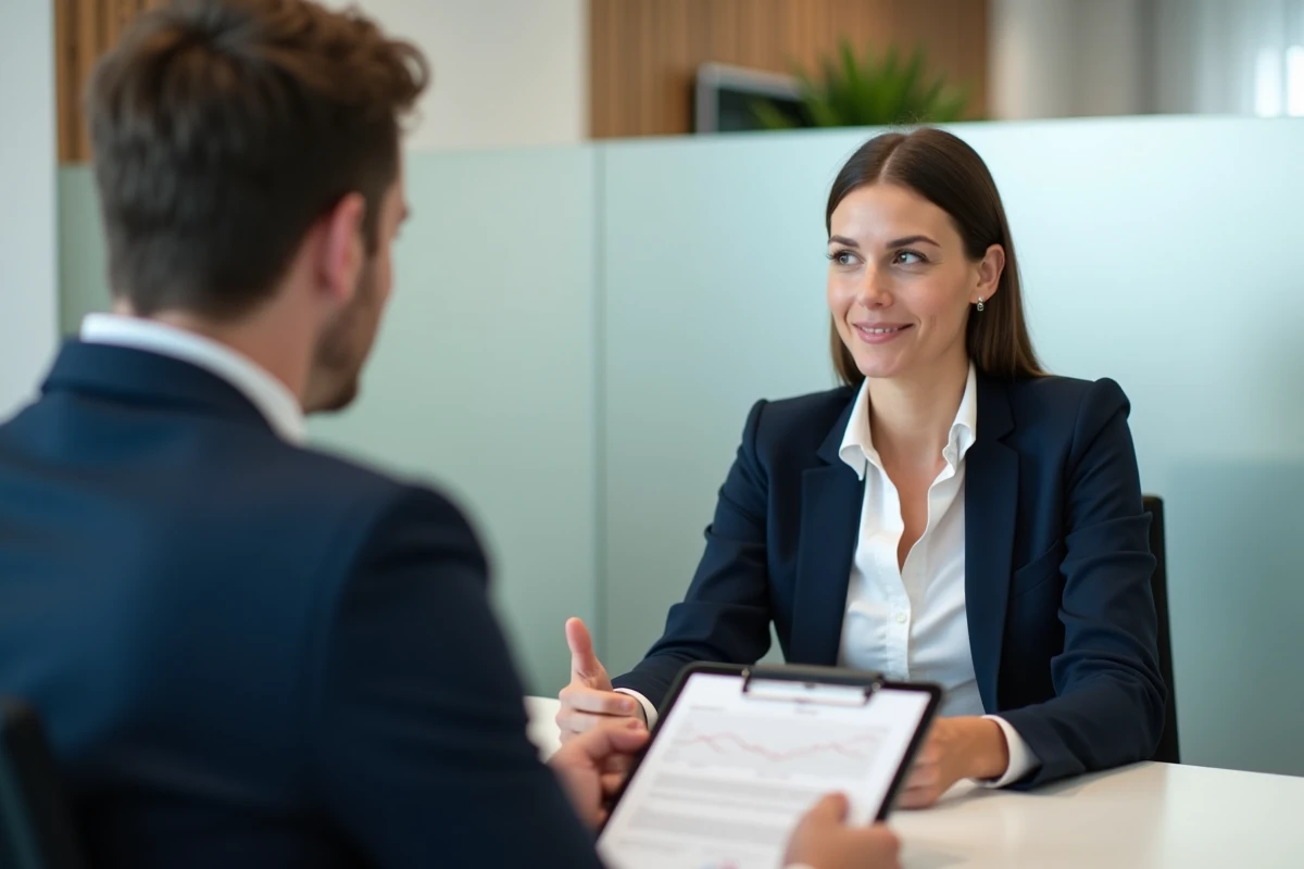 Conseillère bancaire Crédit Mutuel 35 accompagnant une cliente dans la découverte de services bancaires innovants en agence