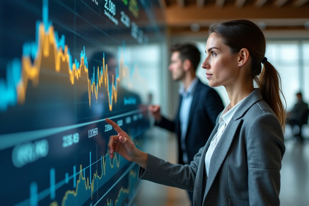 Conseillère financière présentant les performances boursières du secteur pétrolier sur écran interactif
