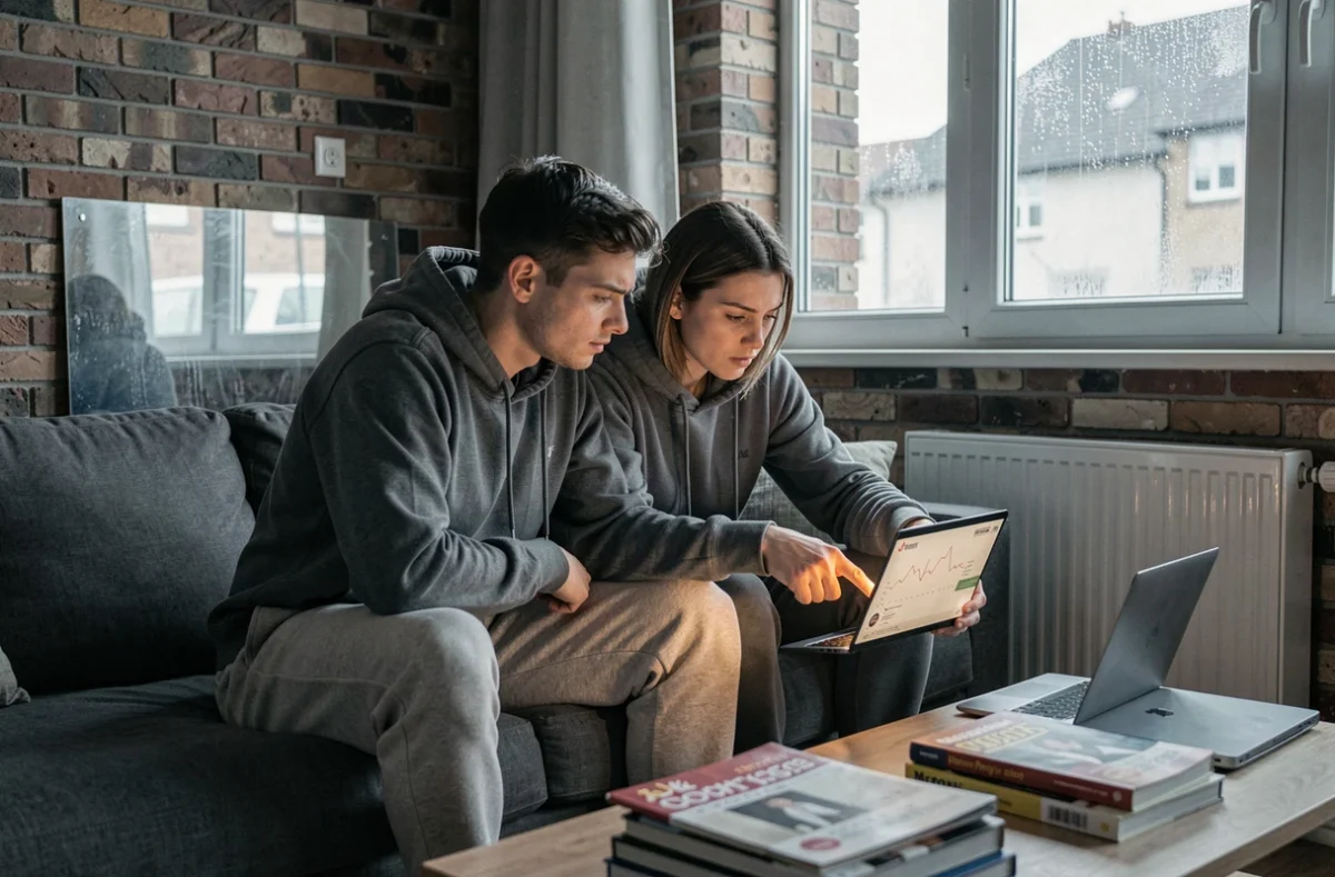 Couple analysant leur facture de chauffage et les solutions d'économies d'énergie en appartement