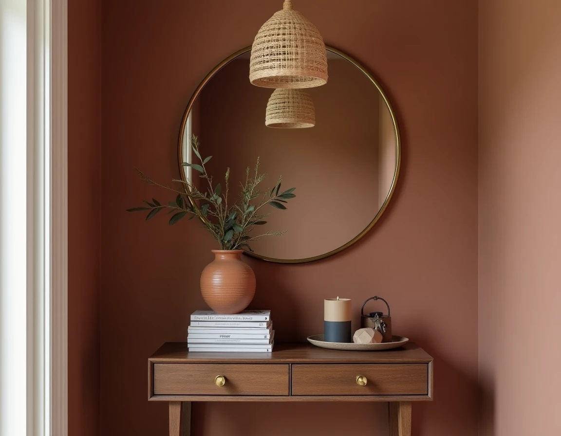 Entrée d'appartement décorée avec console en noyer, miroir rond en laiton, vase en terre cuite et livres empilés pour une décoration intérieure tendance