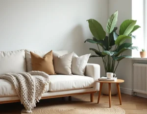 Coin salon de style scandinave avec canapé en lin, plaid en laine, plante verte et table basse en bois pour une décoration intérieure épurée