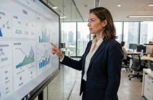 Femme dirigeante analysant des tableaux de bord numériques dans un bureau moderne pour optimiser la gestion de son entreprise