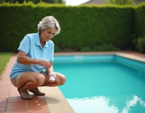 Femme mesurant des granulés de chlore au bord d'une piscine de jardin bien entretenue