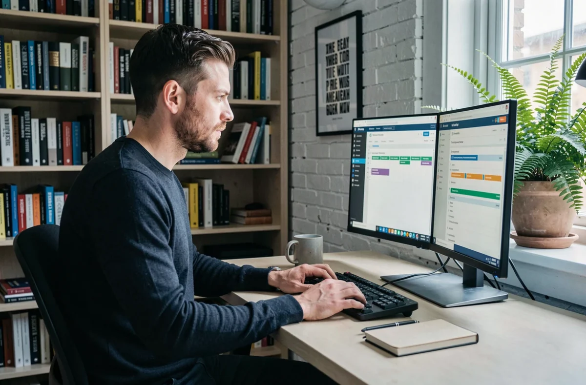 Entrepreneur travaillant sur un logiciel de gestion de projet dans un bureau à domicile moderne pour optimiser son activité professionnelle