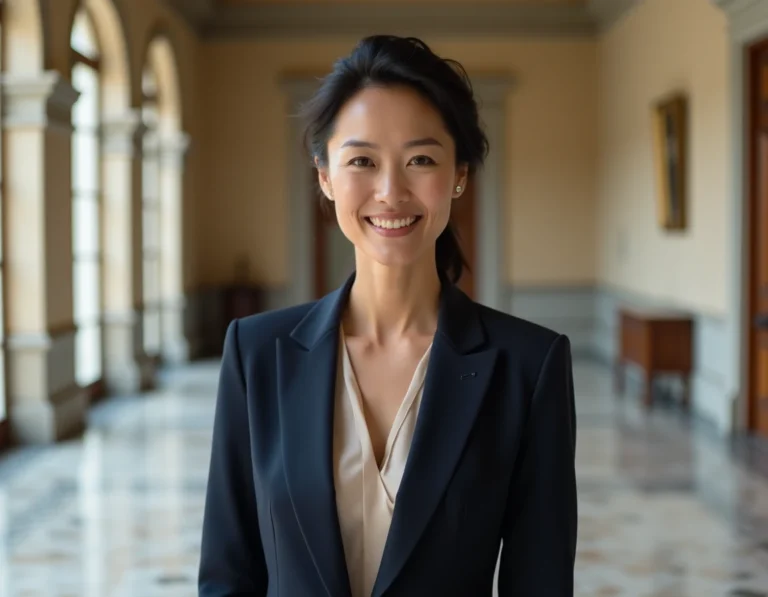 Femme élégante en blazer marine dans un atrium de musée, portrait sophistiqué illustrant le parcours d'une personnalité influente