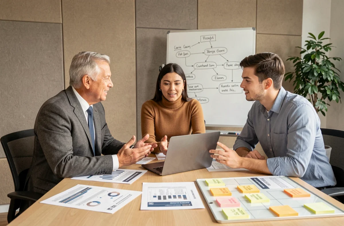 Équipe de professionnels en réunion stratégique autour d'une table de conférence pour optimiser les solutions de gestion d'entreprise