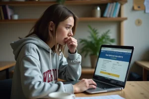 Étudiante déposant un dossier de candidature en ligne sur ecandidat depuis sa chambre universitaire