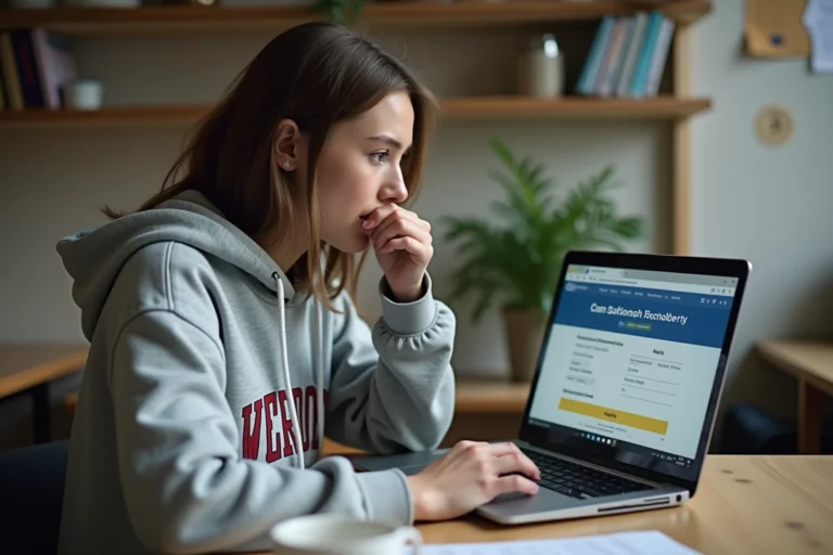 Étudiante déposant un dossier de candidature en ligne sur ecandidat depuis sa chambre universitaire