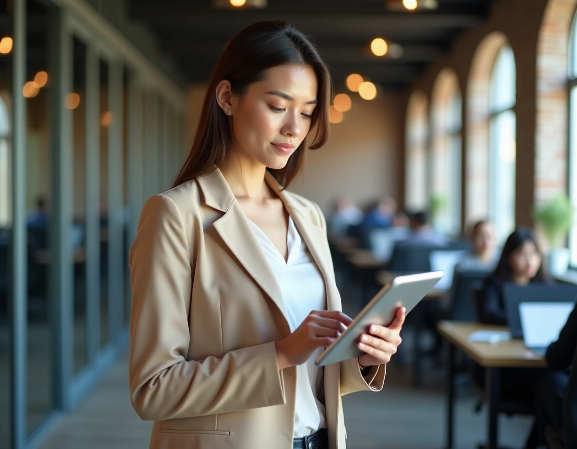 Femme accédant à Dubraz sur une tablette dans un espace de coworking contemporain