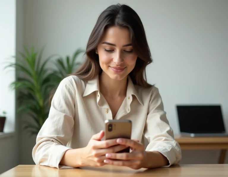Jeune femme consultant l'application bancaire N26 sur smartphone depuis son bureau à domicile