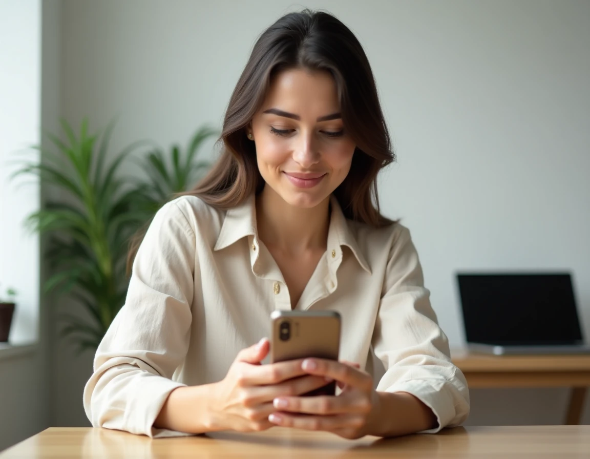 Jeune femme consultant l'application bancaire N26 sur smartphone depuis son bureau à domicile