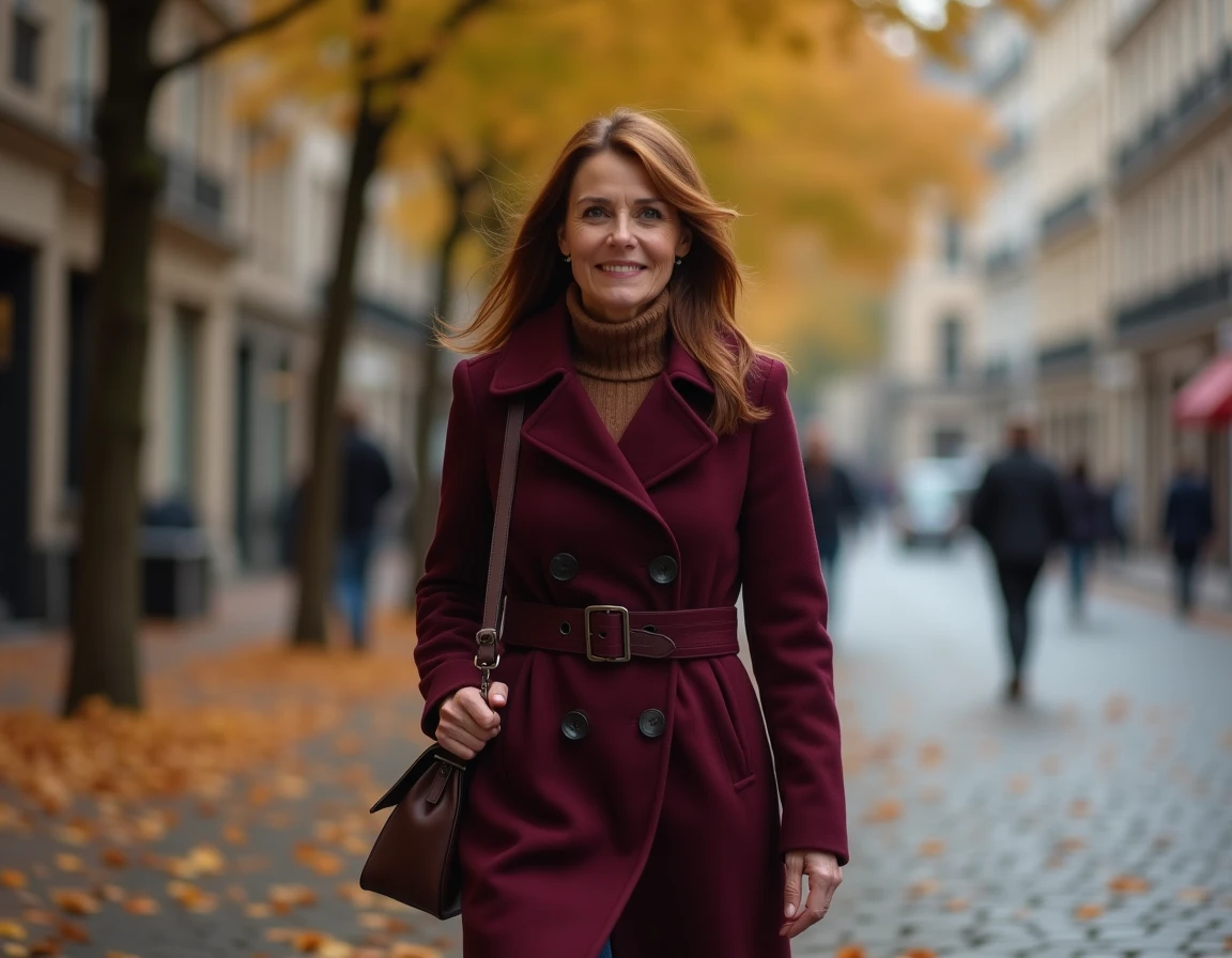 Femme élégante marchant sur un boulevard européen en automne, portrait en extérieur évoquant le parcours international d'une personnalité publique