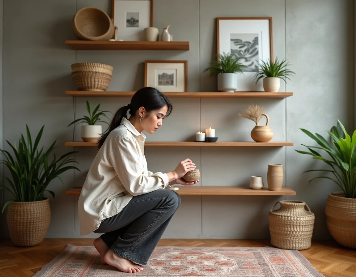 Femme réarrangeant une étagère murale décorée avec plantes, céramiques, paniers tressés et bougies dans un intérieur contemporain