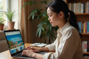 Femme naviguant sur le plan du site d'un portail de voyages depuis son bureau à domicile