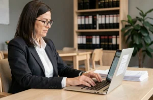 Femme professionnelle consultant les mentions légales de son site web sur un ordinateur portable dans un bureau moderne