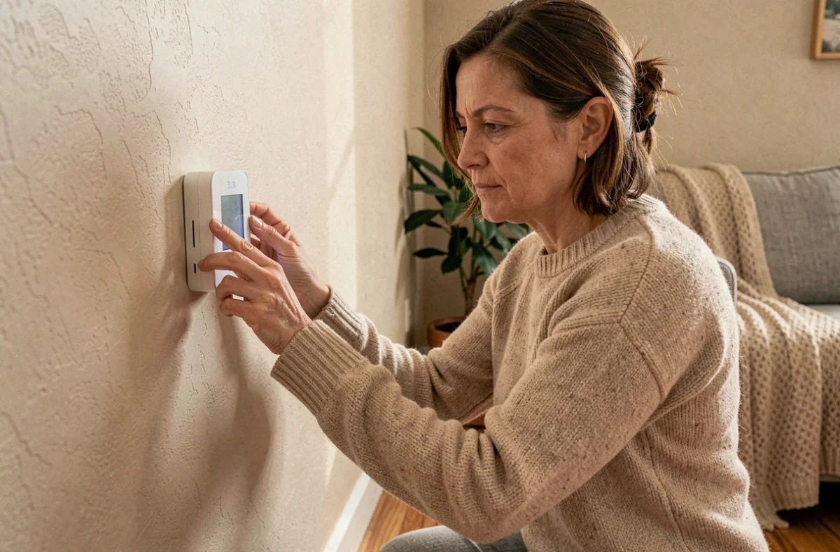 Femme réglant un thermostat programmable pour réduire la facture de chauffage en hiver