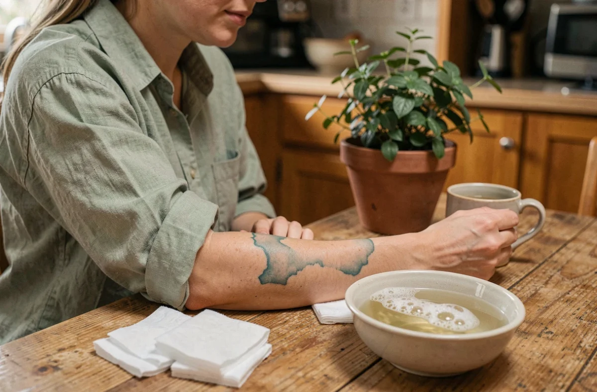 Femme examinant les restes d'un stencil de tatouage sur son avant-bras avec des cotons et un bol d'eau savonneuse sur une table en bois dans une cuisine
