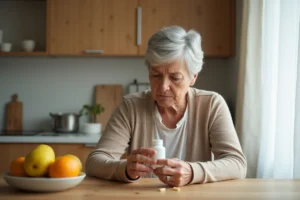 Femme senior lisant attentivement la notice d'un complément alimentaire Azinc à la cuisine