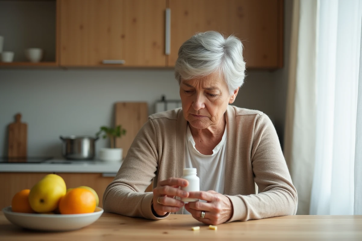 Femme senior lisant attentivement la notice d'un complément alimentaire Azinc à la cuisine