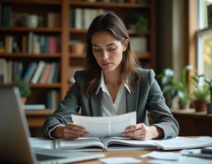 Femme analysant des sources d'information alternatives sur son bureau à domicile entouré de journaux et d'un ordinateur portable
