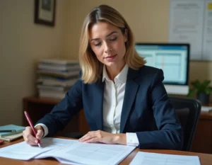 Fonctionnaire catégorie C comparant des grilles de salaires dans un bureau administratif français