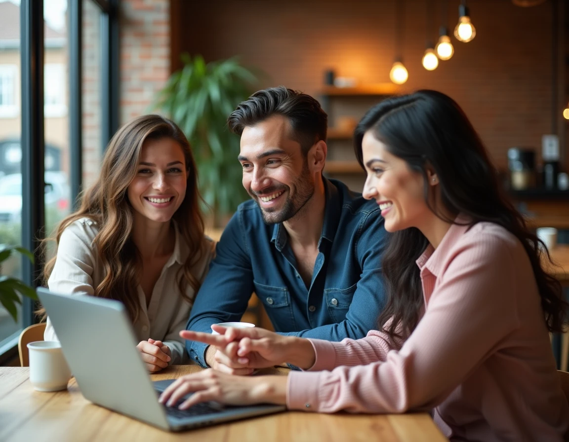 Groupe de professionnels explorant ensemble la plateforme Dubraz dans un café moderne