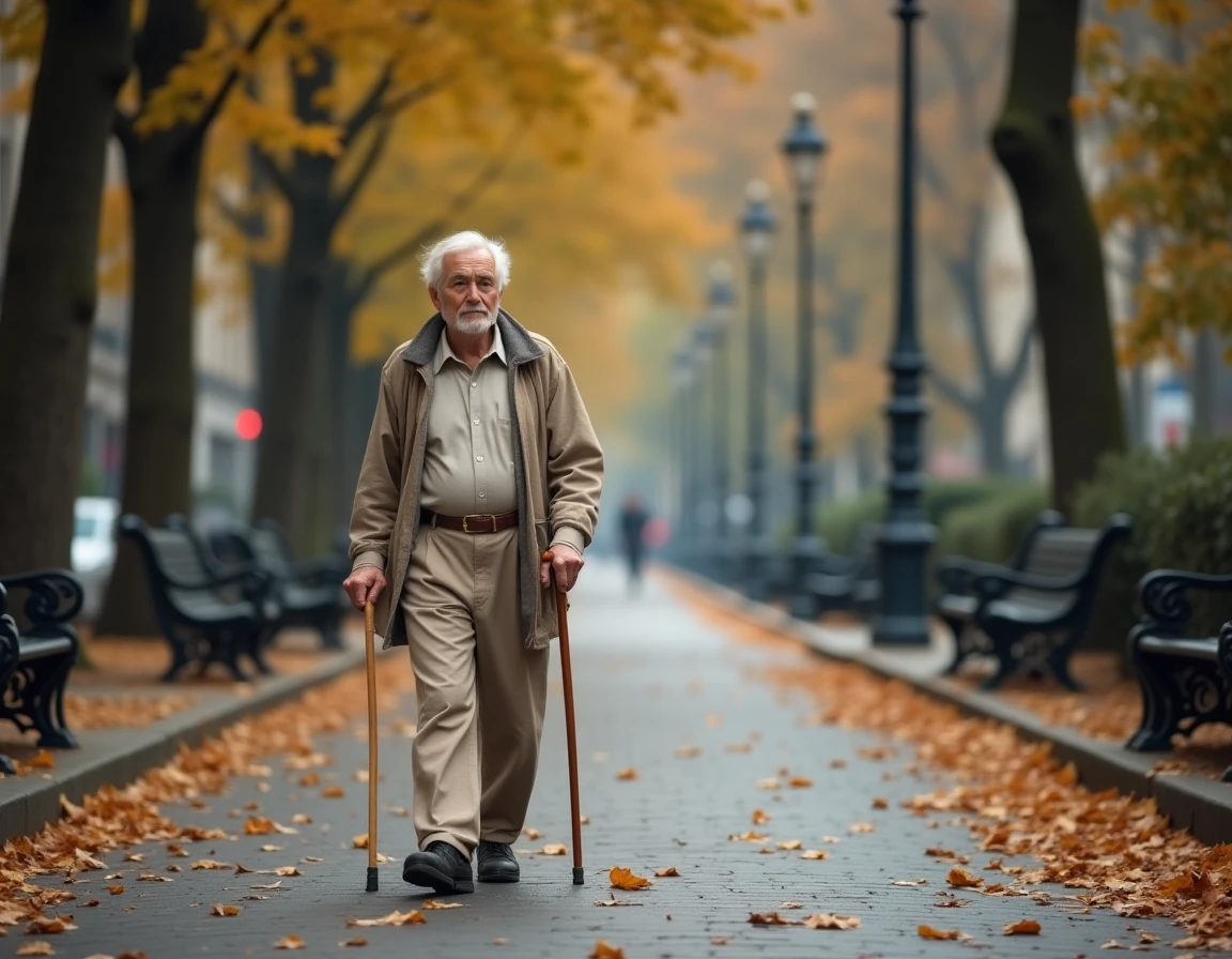 Homme âgé aux cheveux argentés se promenant avec une canne sur un boulevard parisien en automne, symbolisant les interrogations sur la santé d'un personnage politique