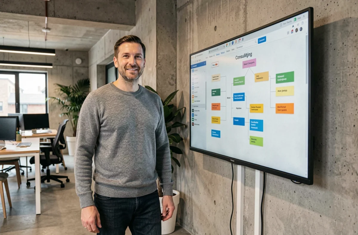 Homme analysant un sitemap hiérarchique affiché sur un grand écran dans un espace de coworking moderne