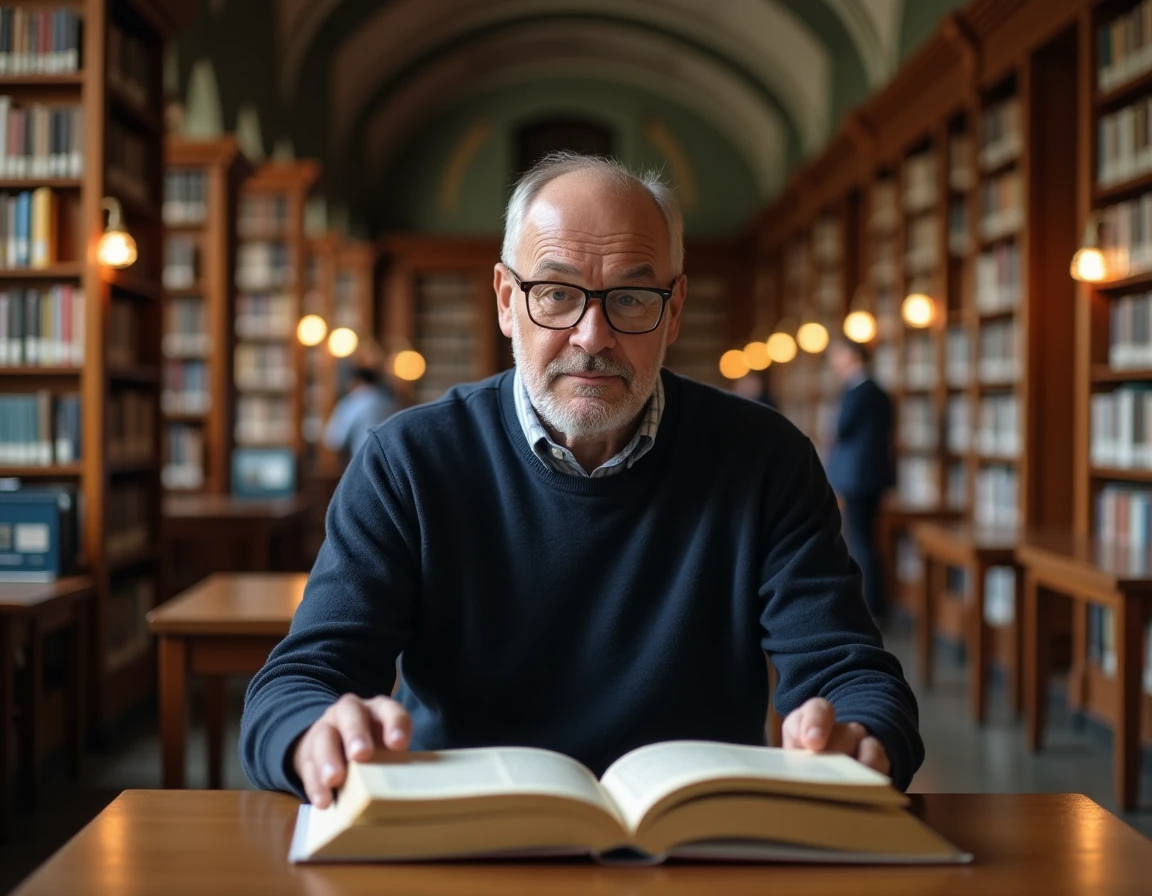 Homme comparant des livres et sources d'information dans une bibliothèque publique pour approfondir sa compréhension de l'actualité