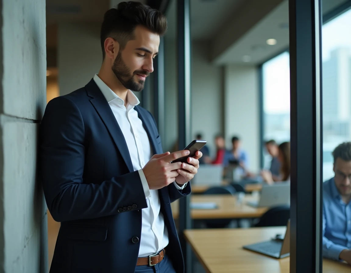 Homme d'affaires consultant son compte N26 sur mobile dans un espace de coworking moderne