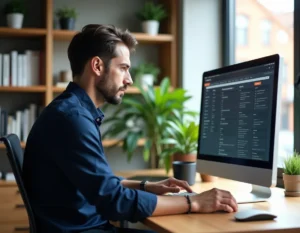 Homme consultant la plateforme Dubraz sur un écran d'ordinateur dans un bureau moderne en 2026