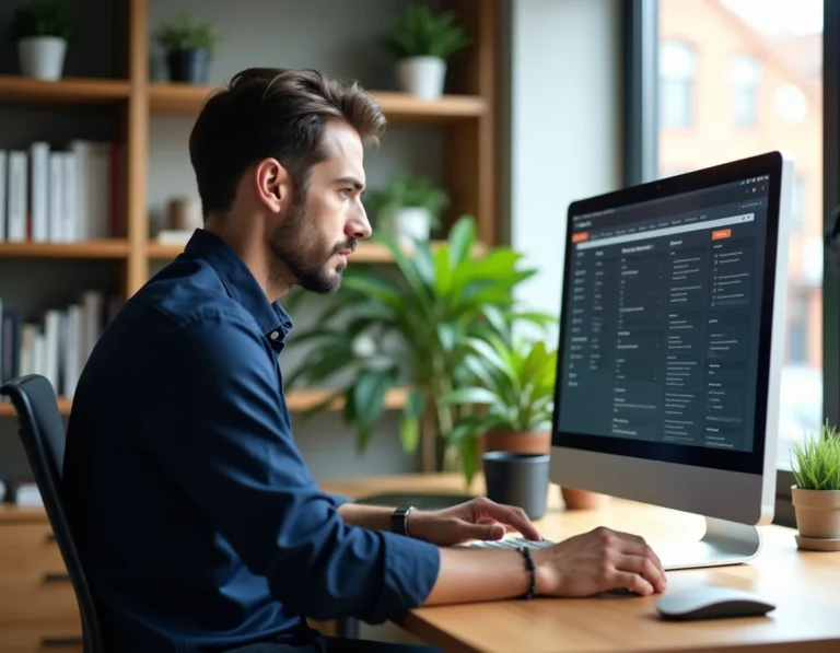 Homme consultant la plateforme Dubraz sur un écran d'ordinateur dans un bureau moderne en 2026