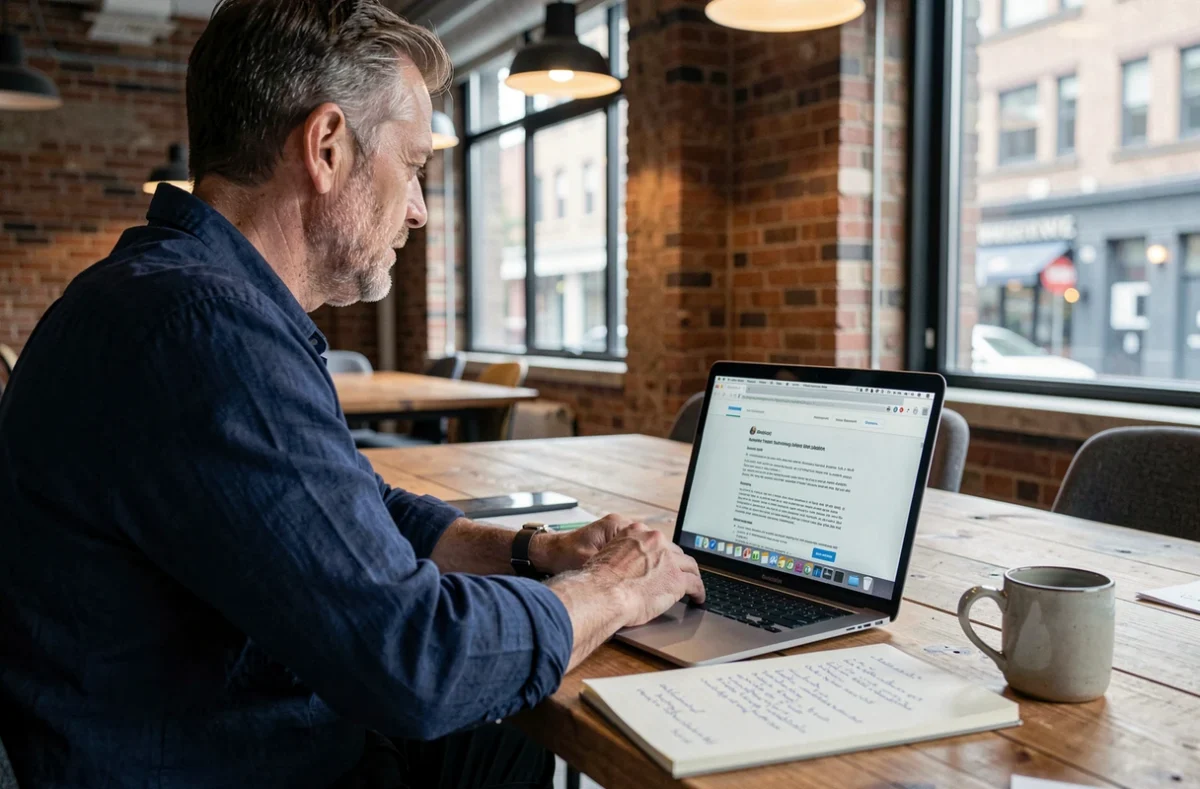 Homme en espace de coworking rédigeant les mentions légales obligatoires de son site internet avec un carnet de notes