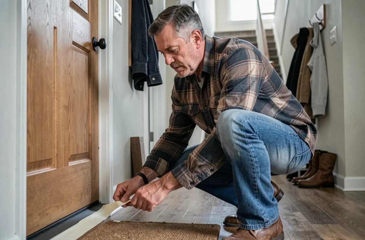 Homme installant un joint de porte pour améliorer l'isolation thermique et réduire le chauffage