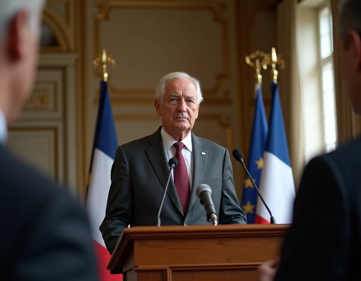 Homme politique français âgé à la tribune lors d'une conférence de presse officielle, visage légèrement tendu, dans le contexte des rumeurs sur son état de santé