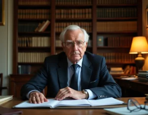 Ancien homme politique français âgé assis à son bureau parisien, air pensif et fatigué, évoquant les rumeurs sur l'état de santé d'Alain Madelin