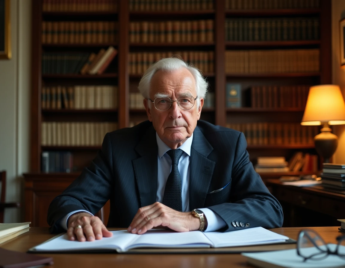 Ancien homme politique français âgé assis à son bureau parisien, air pensif et fatigué, évoquant les rumeurs sur l'état de santé d'Alain Madelin