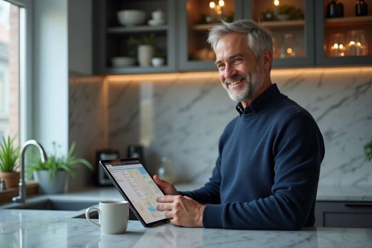Homme consultant le plan du site d'un portail de voyages sur une tablette dans une cuisine moderne