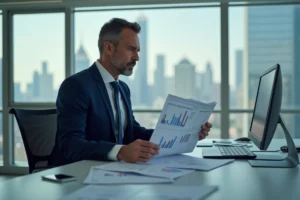 Investisseur analysant des graphiques boursiers d'actions TotalEnergies sur son bureau en entreprise