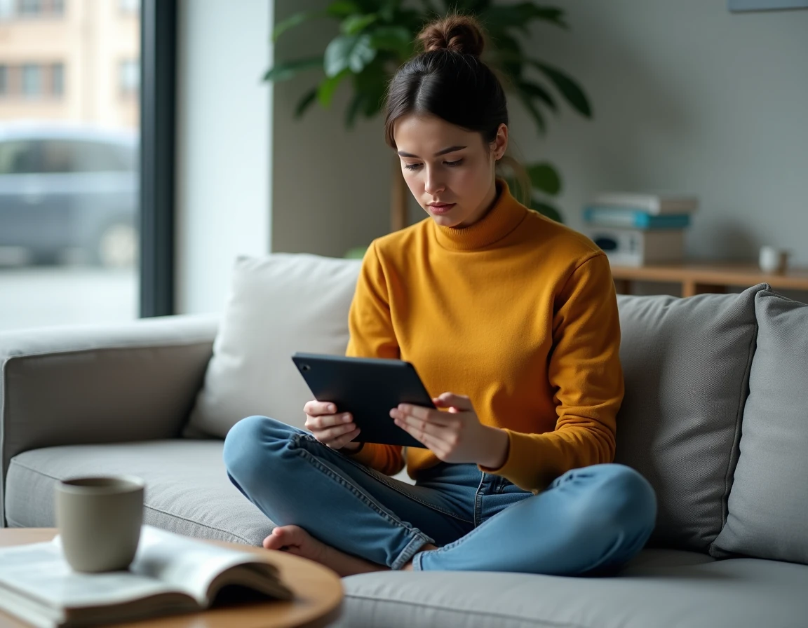 Jeune femme consultant une application d'actualités alternatives sur une tablette depuis son salon pour mieux comprendre l'information