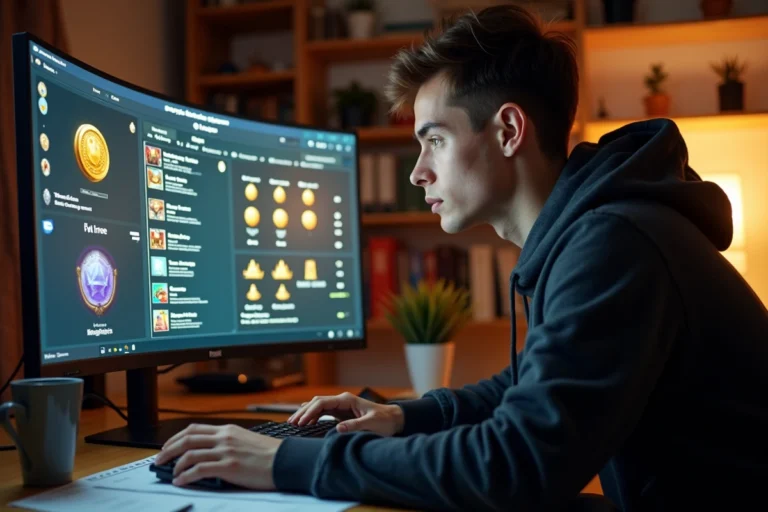 Joueur adulte analysant les métiers rentables sur Dofus Retro devant son écran d'ordinateur