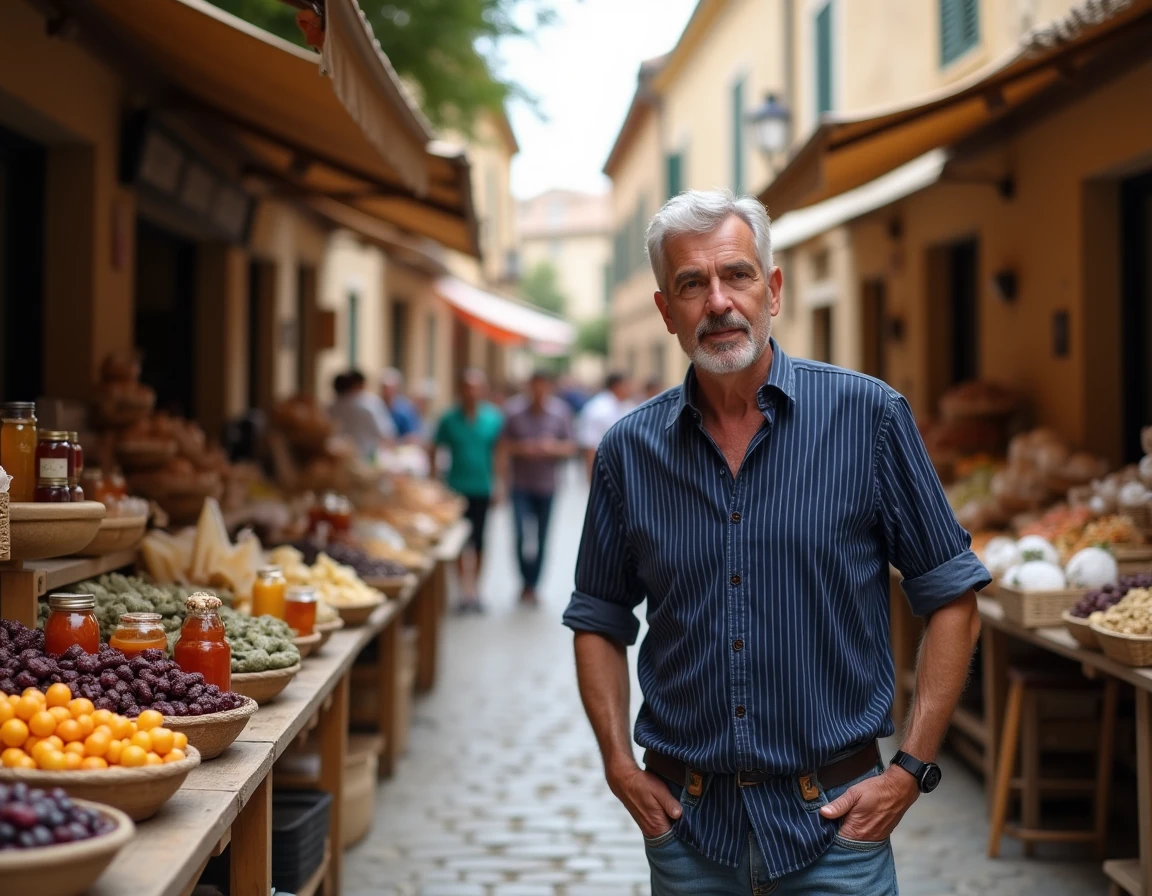 Marché de producteurs locaux dans les ruelles de Gruissan avec étals d'olives, fromages et produits du terroir languedocien